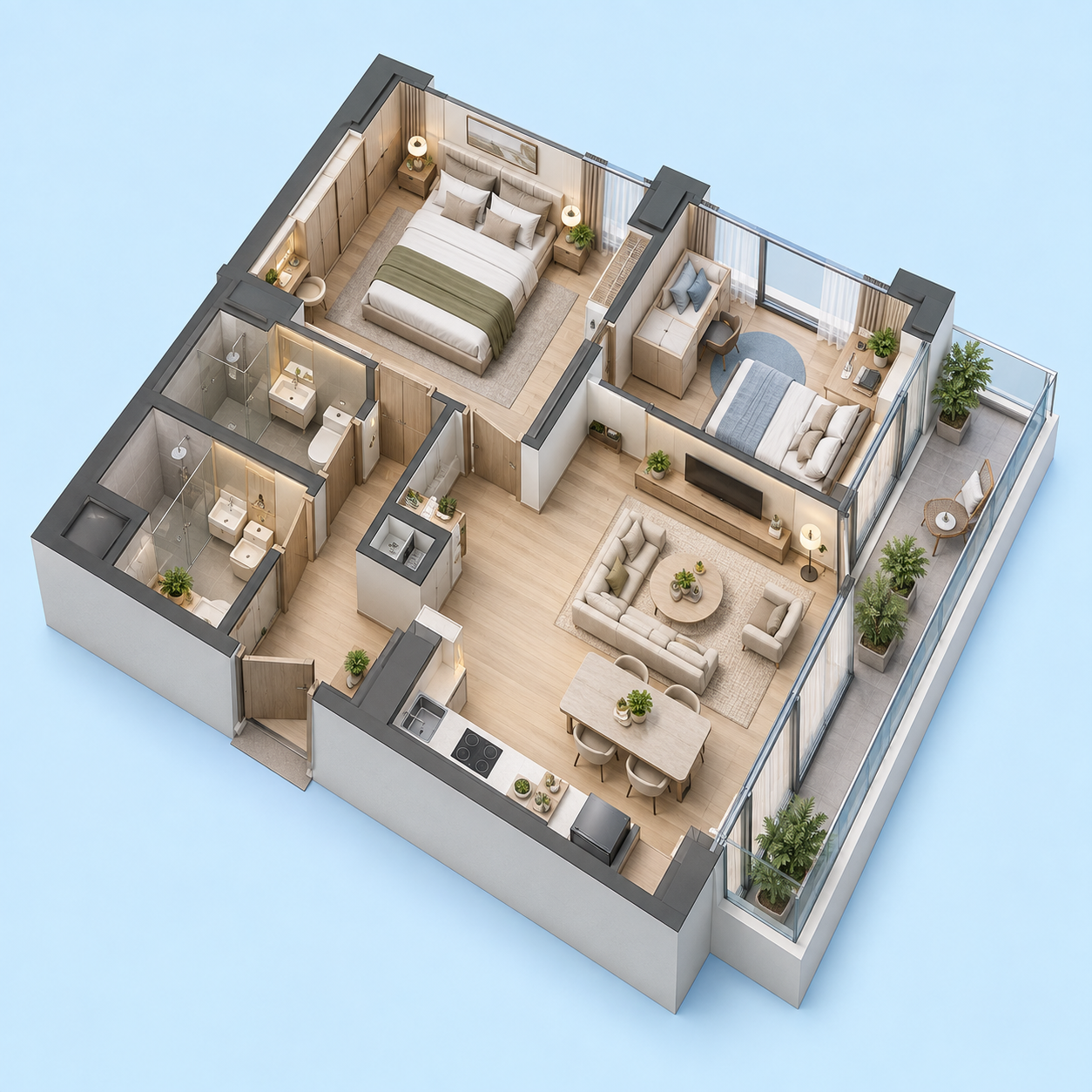 Illustrative 3D view of a Bangkok-style two-bedroom condo